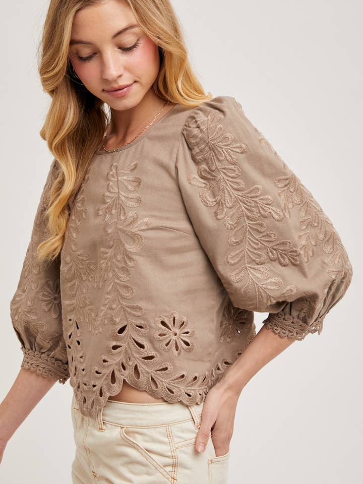Bluivy - Wholesale Blouse - Women's - LACE CUTOUTS BOTTOM HEM BUBBLE SLEEVED TOP - EASTER DAY8