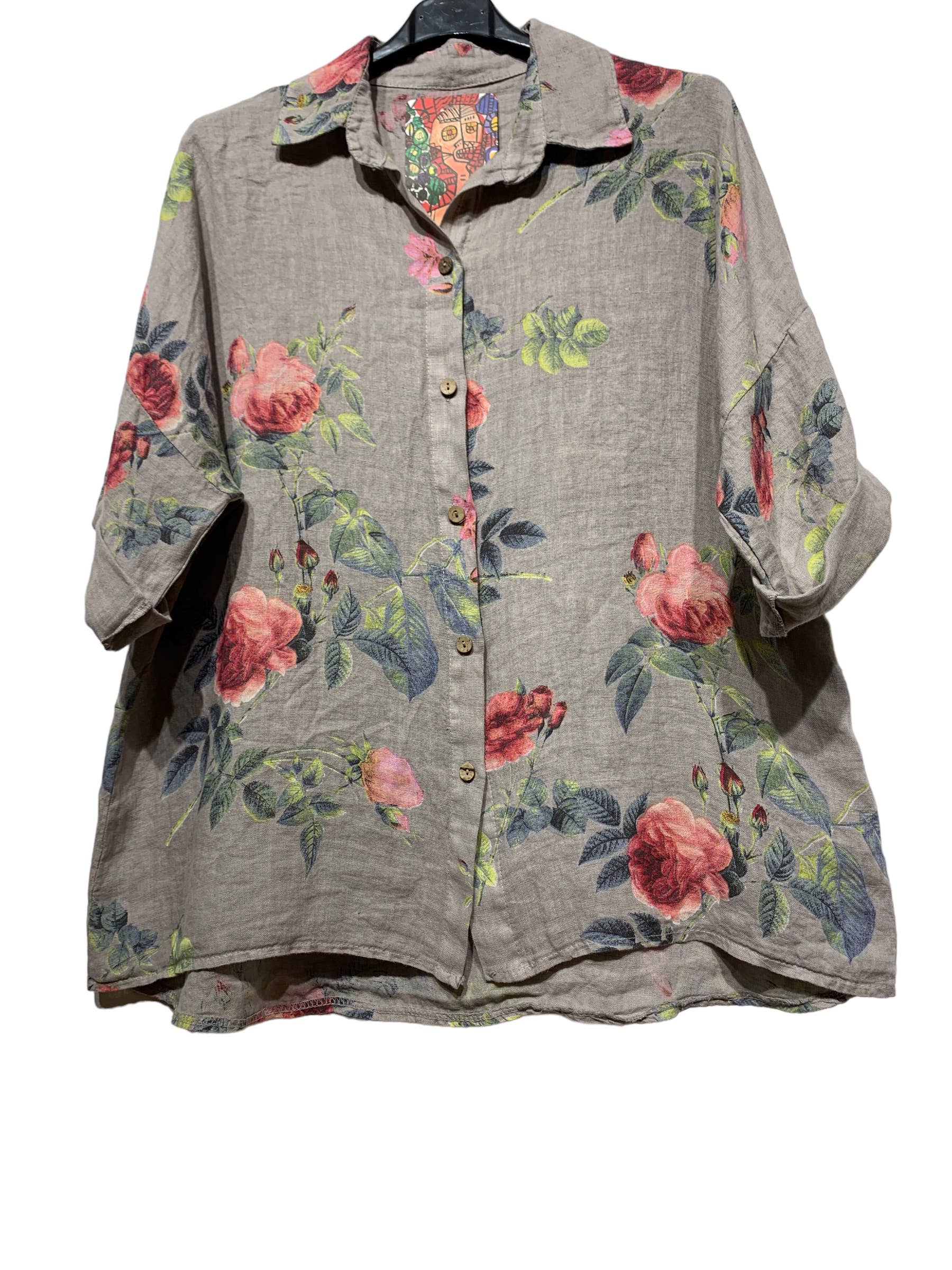 LINEN & COTTON HOUSE – Engroshandel Skjorte med buttondown – til kvinder – Tunika i 100% hør med blomsterprint 523527