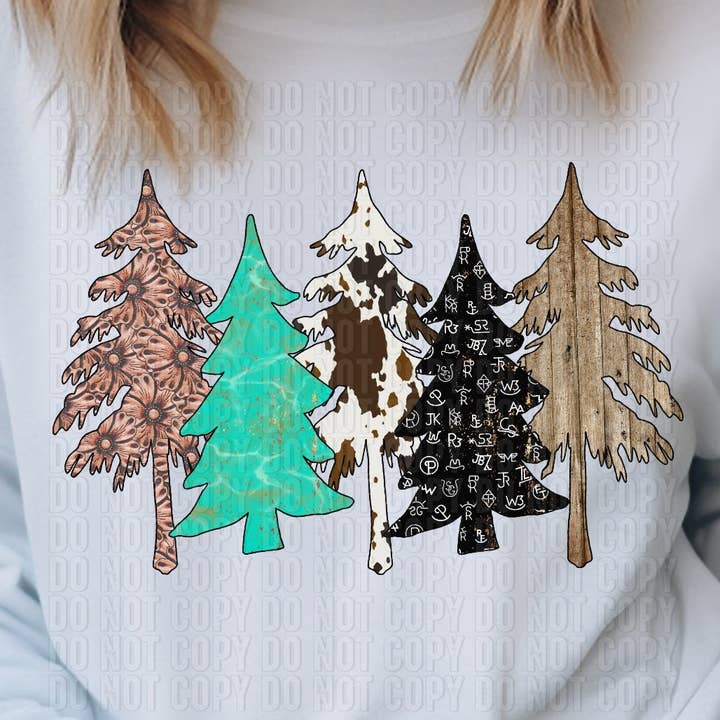 Trasferimento in DTF con alberi di Natale occidentali turchesi e impronte di mucche per la vendita all'ingrosso da parte di K and M Designs