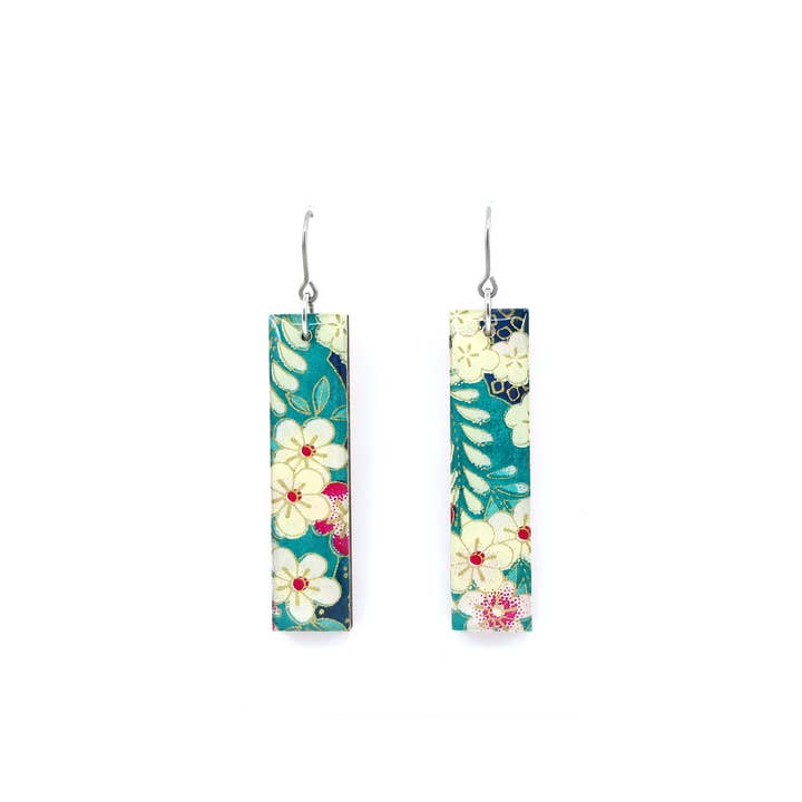 autumn + tree - Wholesale Dangle Earrings - Teal floral Chiyogami long bar earrings with titanium hooks