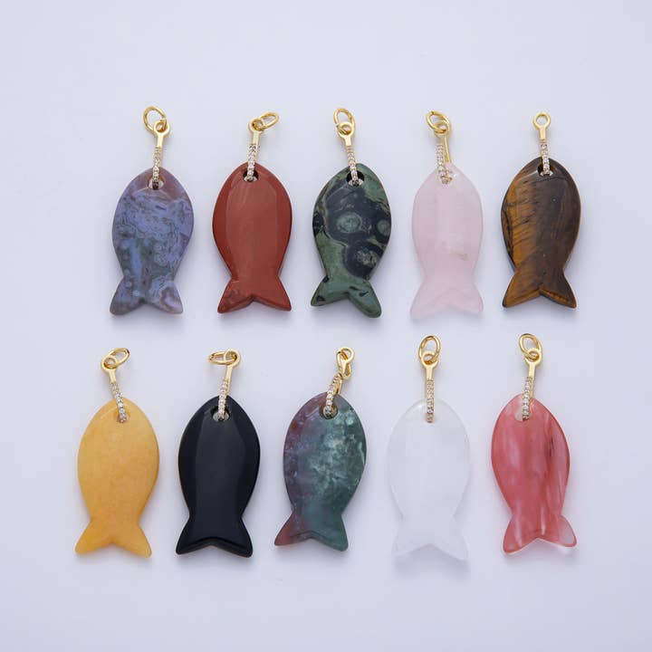 18K Gold Filled 51mm Quartz, Agate, Jasper, Topas Gemstone Fish Charm with CZ Charm | AK001 for wholesale by Aim Eternal