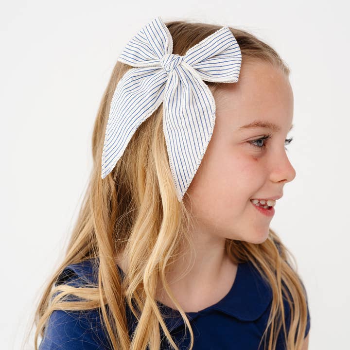 Little Poppy Co - Wholesale Hair Bow - Kids - Navy Canvas Stripe Bow Clip3