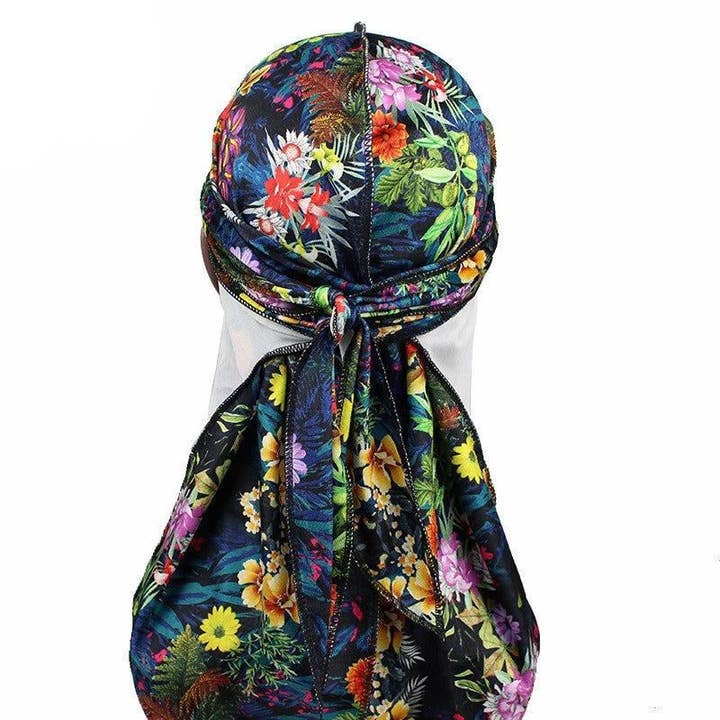 Navy Blue Floral Velvet Durag for wholesale by Taelor Boutique