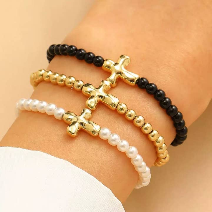 Cute SET OF 3 Stackable Cross Bracelets for Women for wholesale by Purple Myrtle