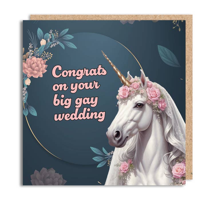 Tarjeta de boda divertida - 'Unicornio de boda gay' para venta al por mayor de The Buddy Fernandez Card Company