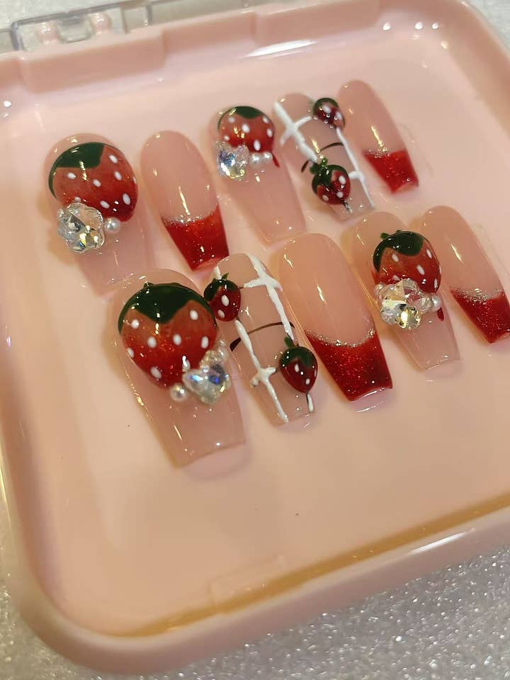 Azurenails Handmade Press on Nails, Strawberry Girl for wholesale by Azurenailshop