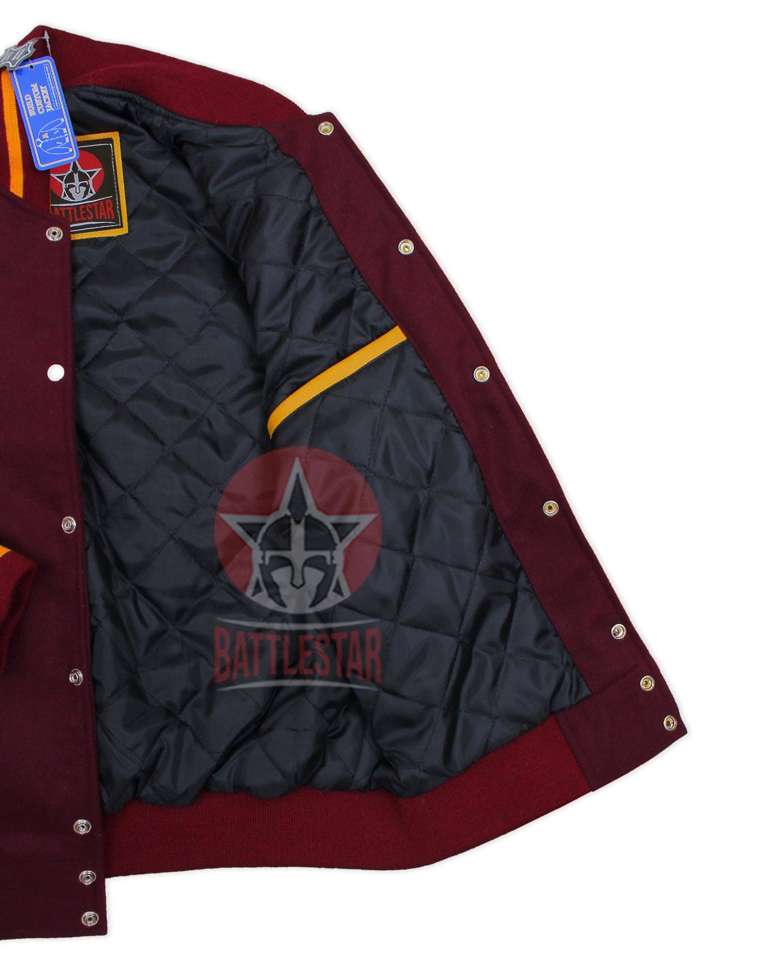 Eastworth Industries - Wholesale Varsity/Baseball Jacket - Men's - Maroon Wool Varsity Jacket Gold Yellow Leather Sleeves3