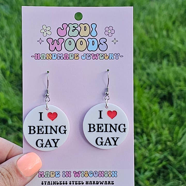 I love being Gay - Funny LGBTQ Pride Earrings for wholesale by Jedi Woods LLC