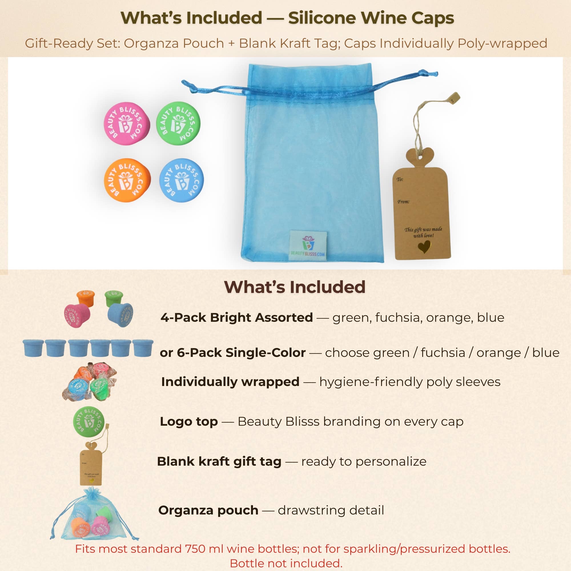 Beauty Blisss - Wholesale Wine Stopper - Silicone Wine Bottle Caps — Airtight, Reusable — 4-pc & 6-pc2