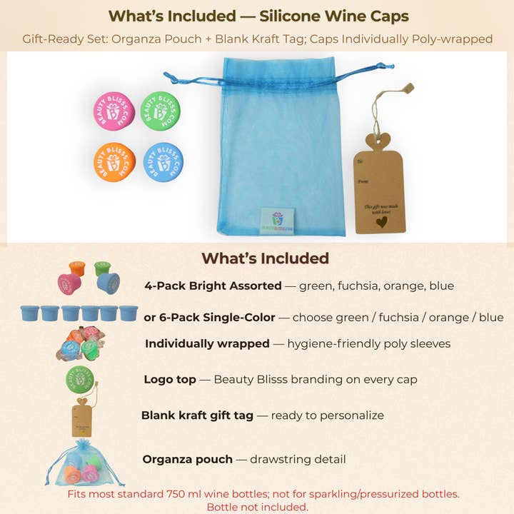 Beauty Blisss - Wholesale Wine Stopper - Silicone Wine Bottle Caps — Airtight, Reusable — 4-pc & 6-pc2