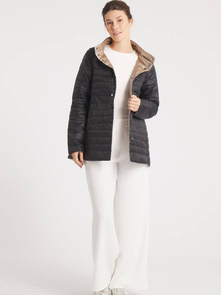 The Knightsbridge | Lightweight 2 in 1 Reversible Down Coat | Matte Black / Metallic Gold for wholesale by Cotes of London