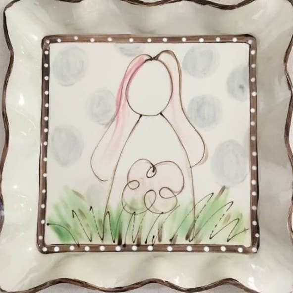 Heartfelt Traditions - Wholesale Decorative Tray - Medium Square Tray (AW Bunny Back Gray Dots)
