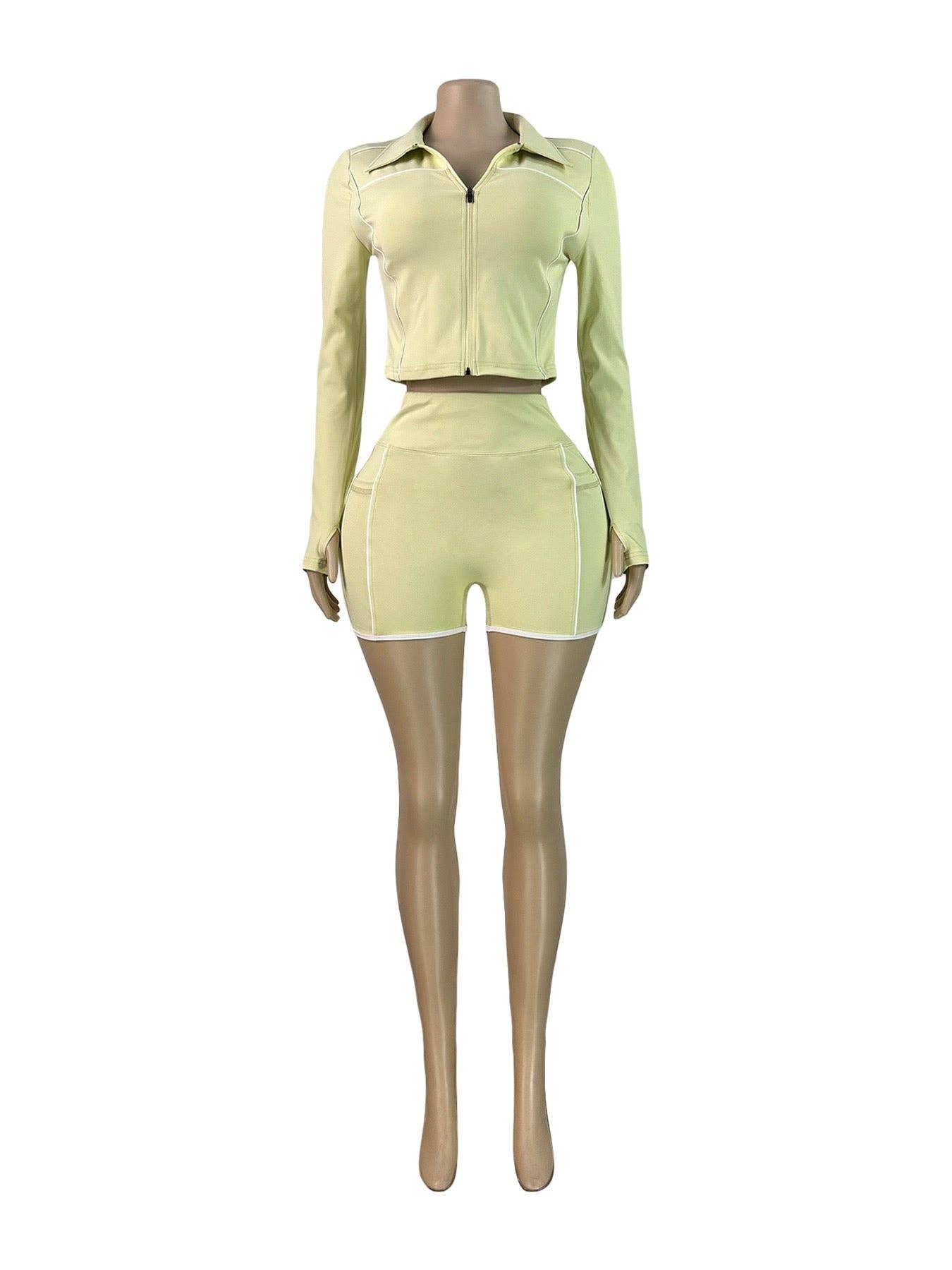 MB Fashion Wholesale - Wholesale Activewear Set - Women's - MB FASHION Two Piece Workout Set - Cropped Zip-Up Jacket & High Waisted Biker Shorts 51034