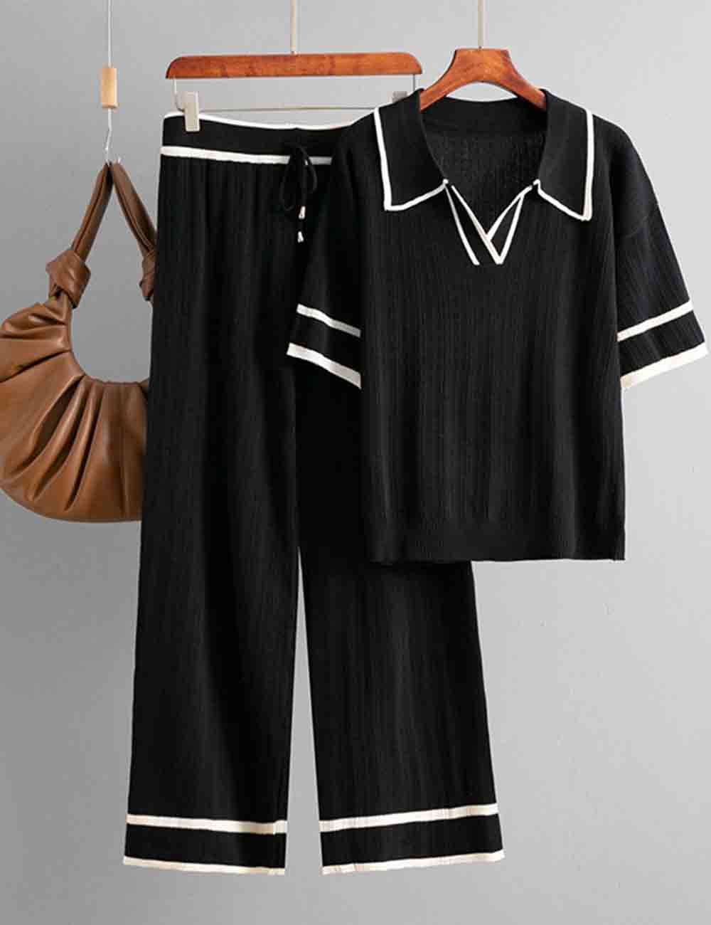 Sweetkama - Wholesale Lounge Set - Women's - Ladies Color Block Polo Collar Knit Top & Pants 2PCS Set17