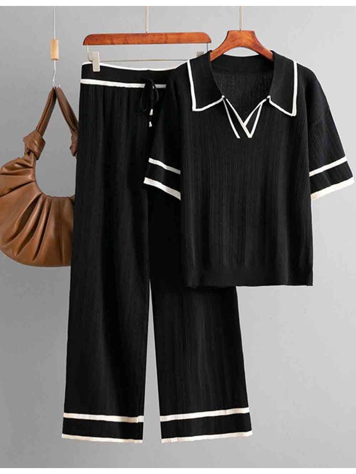 Sweetkama - Wholesale Lounge Set - Women's - Ladies Color Block Polo Collar Knit Top & Pants 2PCS Set17