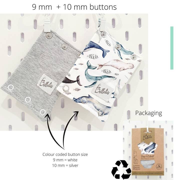 2 x Snap & Extend® bodysuit extender Grey + Walvissen voor wholesale door Bellelis Australia