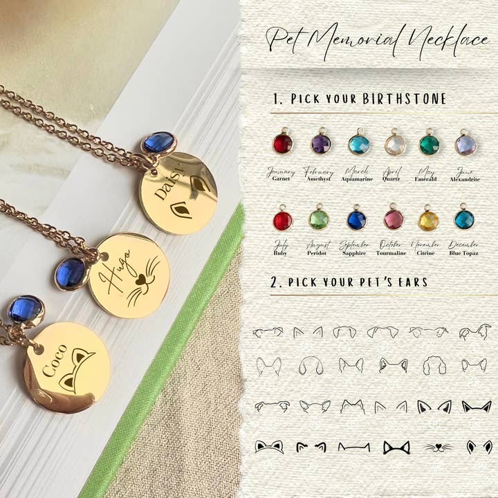 Personalized Dog Ears Memorial Necklace with Birthstone for wholesale by Rossie Jewellery