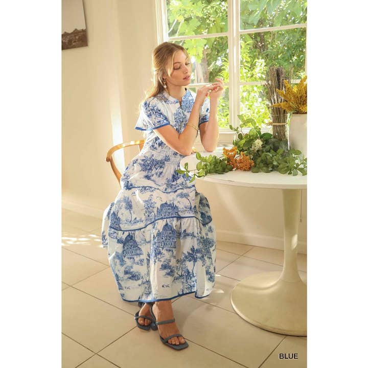 Landscape Print Balloon Short Sleeves Tiered Dress for wholesale by BNS