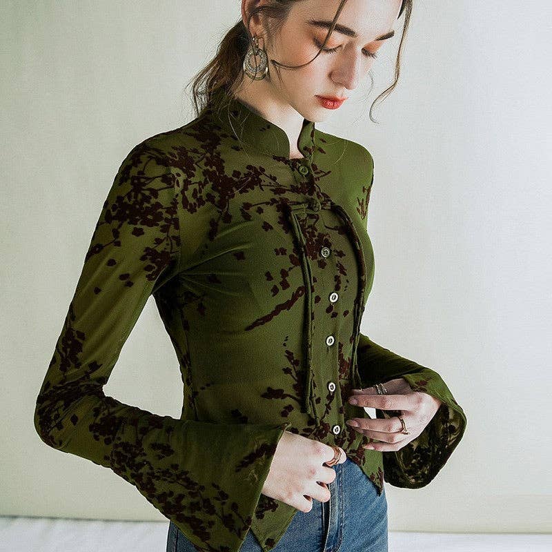 VERT Chemise boutonnée à manches longues en maille de couleur unie en vente sur Faire1