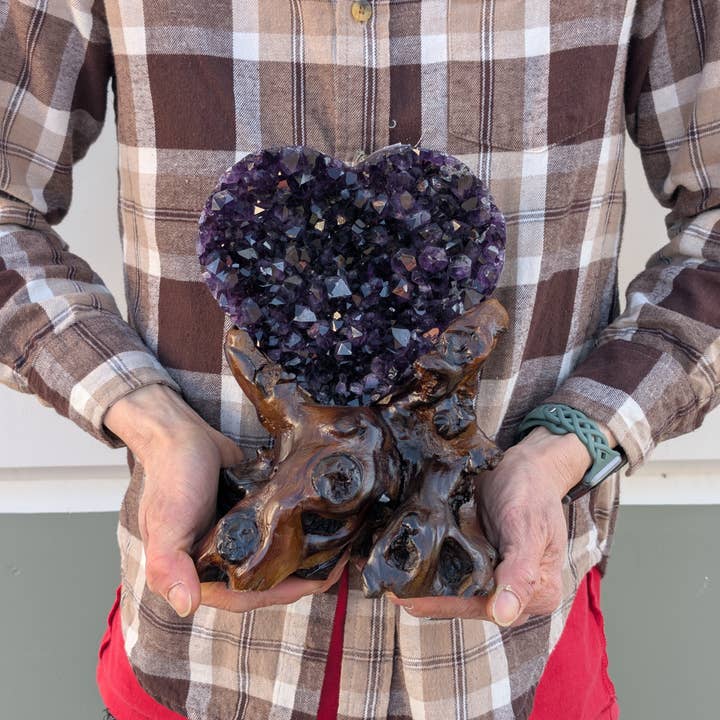 Amethyst Hearts on Wood Stands (Range of Sizes) for wholesale by The Crystal Tabby