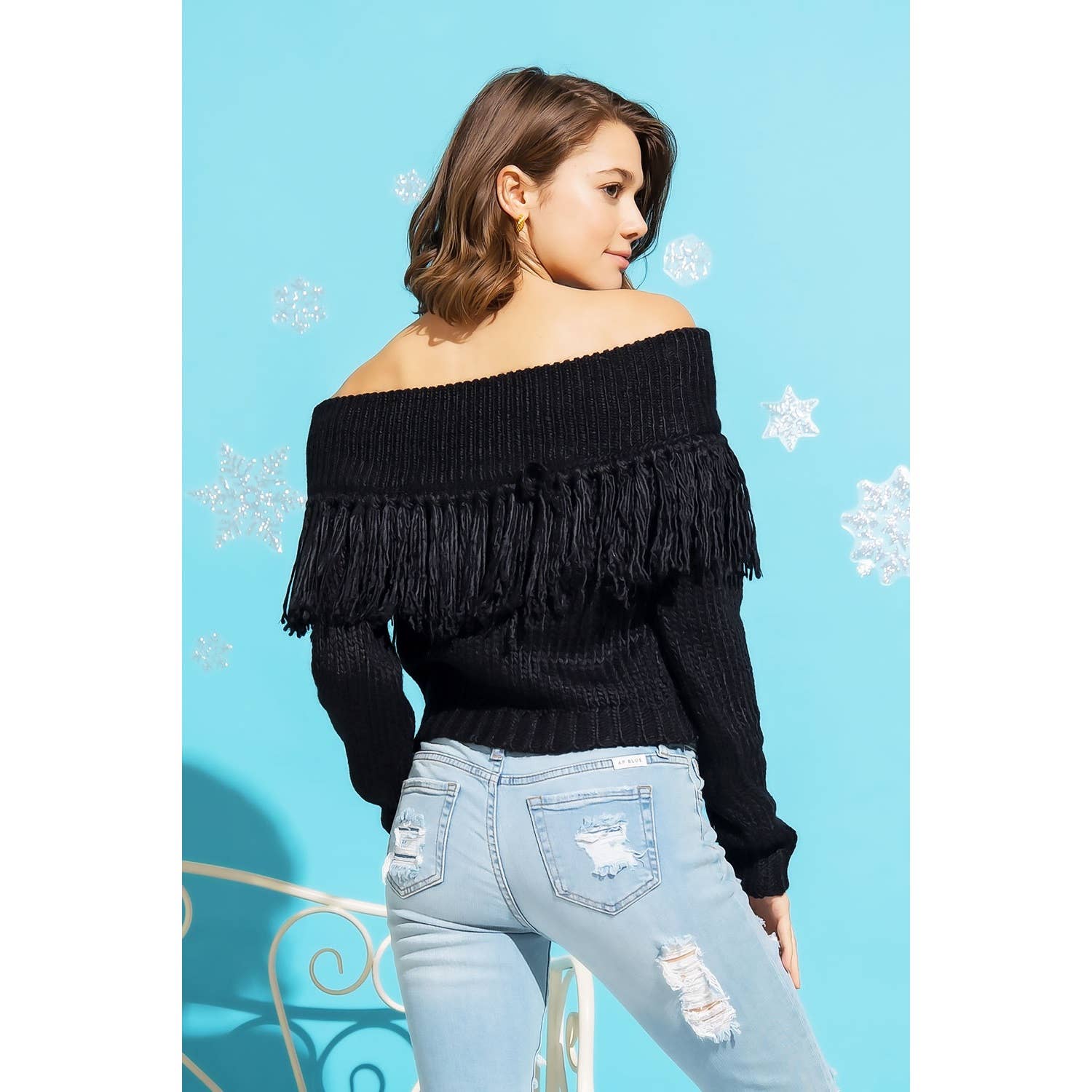 Sweet Generis - Vente Pull en maille – femme - PULL EN MAILLE ÉPAISSE À FRANGES ET ÉPAULES DÉNUDÉES2