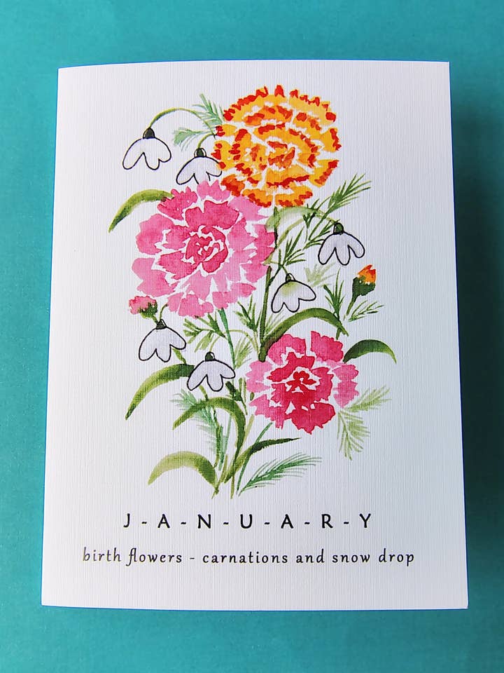 HBD January with birth flowers| Happy Birthday Greeting Card for wholesale by Artcolorworks