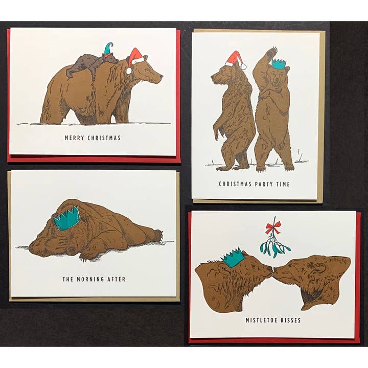 Christmas Grizzly Bears 8 Card Set or Singles for wholesale by Porchlight Press Letterpress