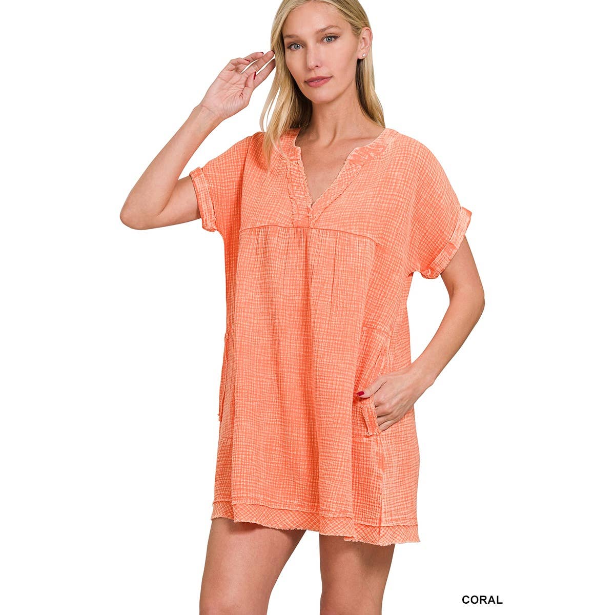 Apolline – Großhandel Kleid – Damen – GEWASCHENES KLEID MIT V-AUSSCHNITT AUS DOPPELTER GAZE MIT OFFENEN KANTEN3