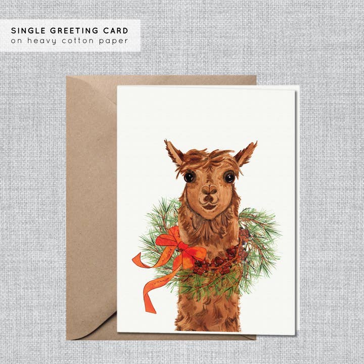 Lama julekort | Alpaca julekort | Søde dyr for engroshandel hos Gina Maher | Watercolor