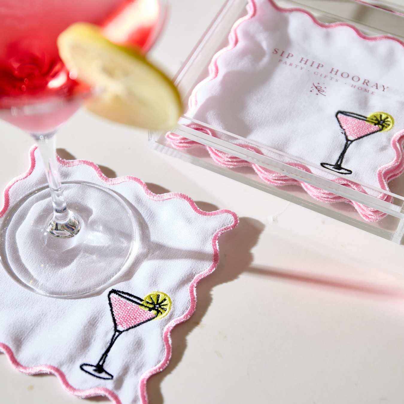 Sip Hip Hooray - Wholesale Dinner & Cloth Napkin - Embroidered Cocktail Napkins with Reusable Acrylic Box 12