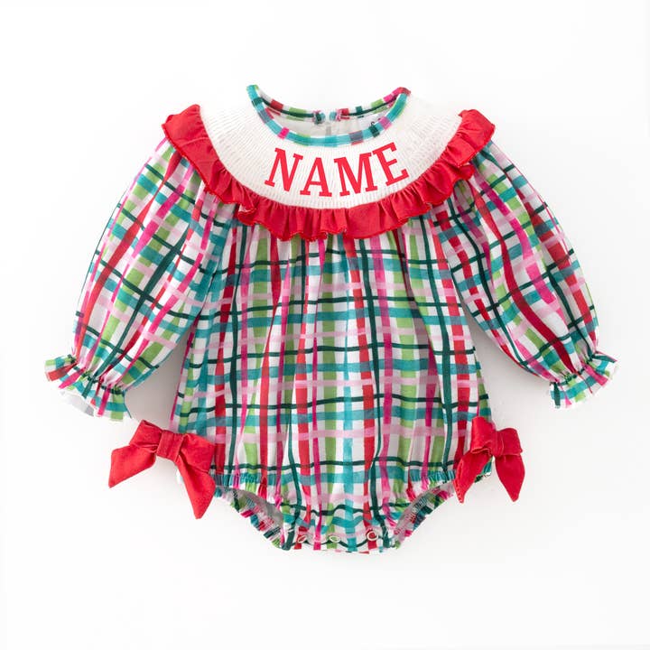 Barboteuse brodée à carreaux rouge et vert personnalisée pour Noël pour la vente par Auraquise