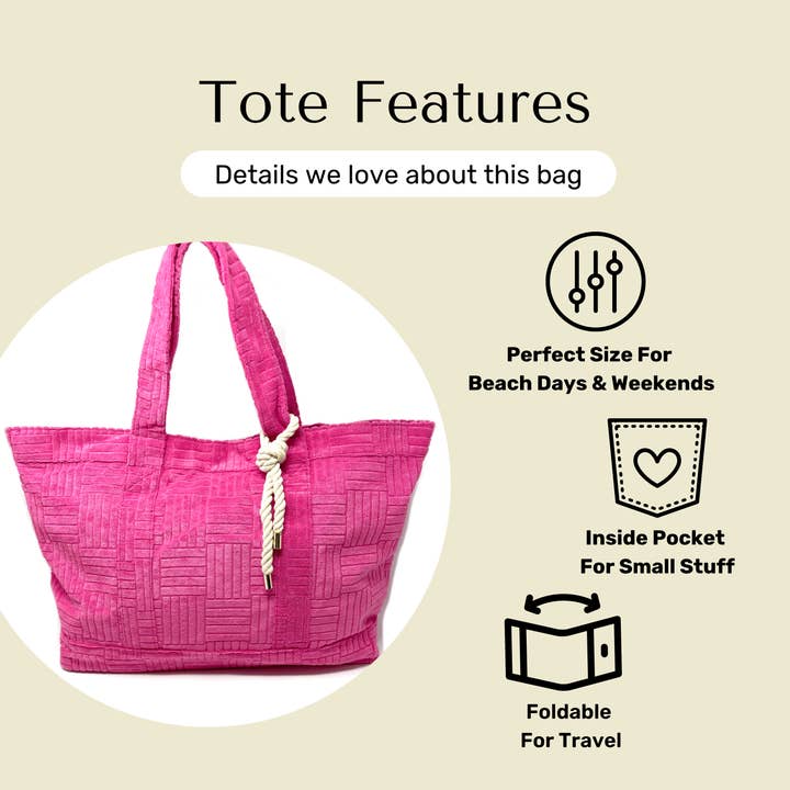 Bette - Wholesale Tote Bag - Women's - Rosa Pink Terry Cloth Weekender Bag Set w/ Waterproof Clutch7
