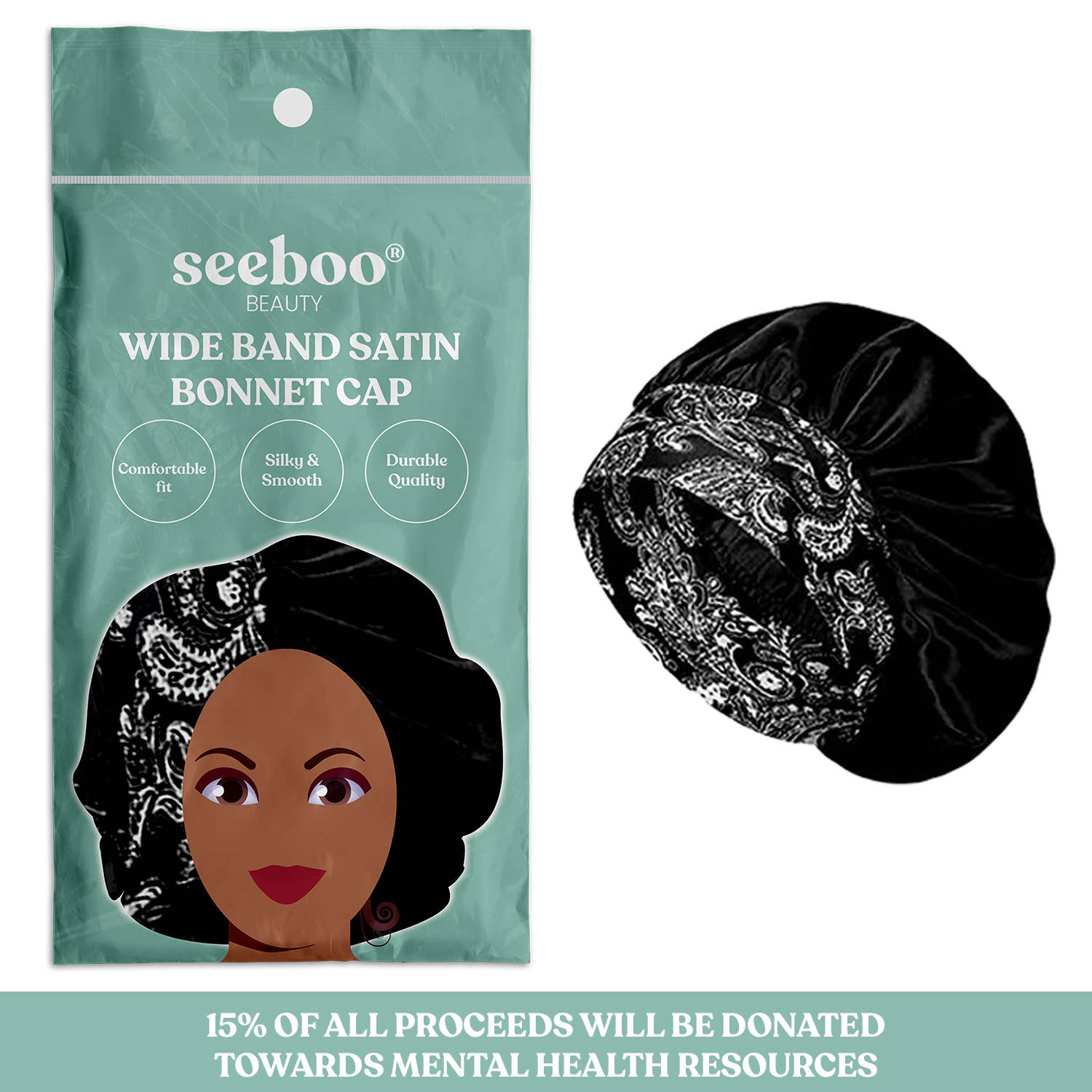 seeboo – wholesale Sleep cap / bonnet – women's – Wide Band Satin Bonnet Cap - Black1