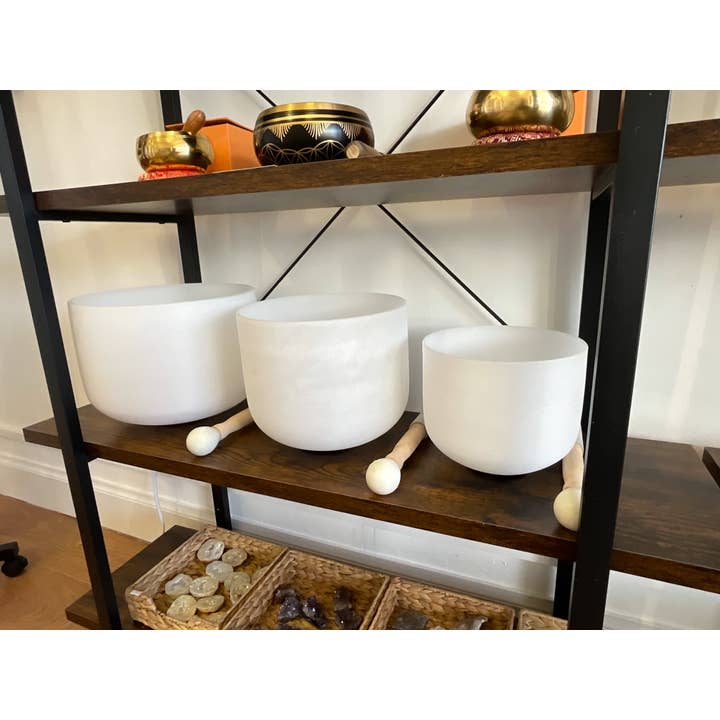 Crystal Cove Minerals – wholesale Spiritual stone/crystal – Set of 3 Frosted Quartz Singing Bowls - 8", 10" & 12" with C