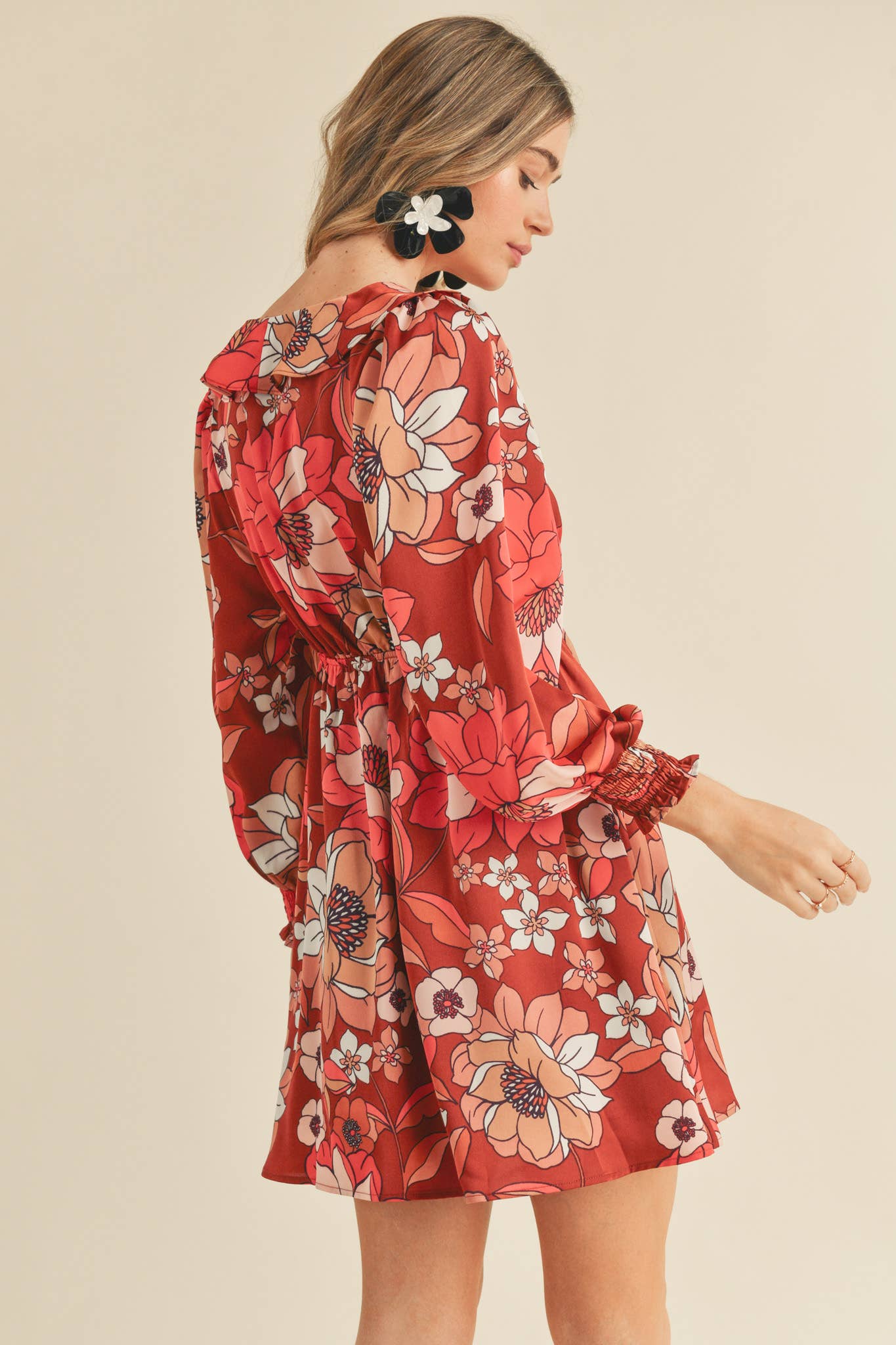 BRICK MULTI FLORAL EXCLUSIVE PRINT RUFFLE TRIM MINI DRESS MDR2675 for wholesale on Faire4