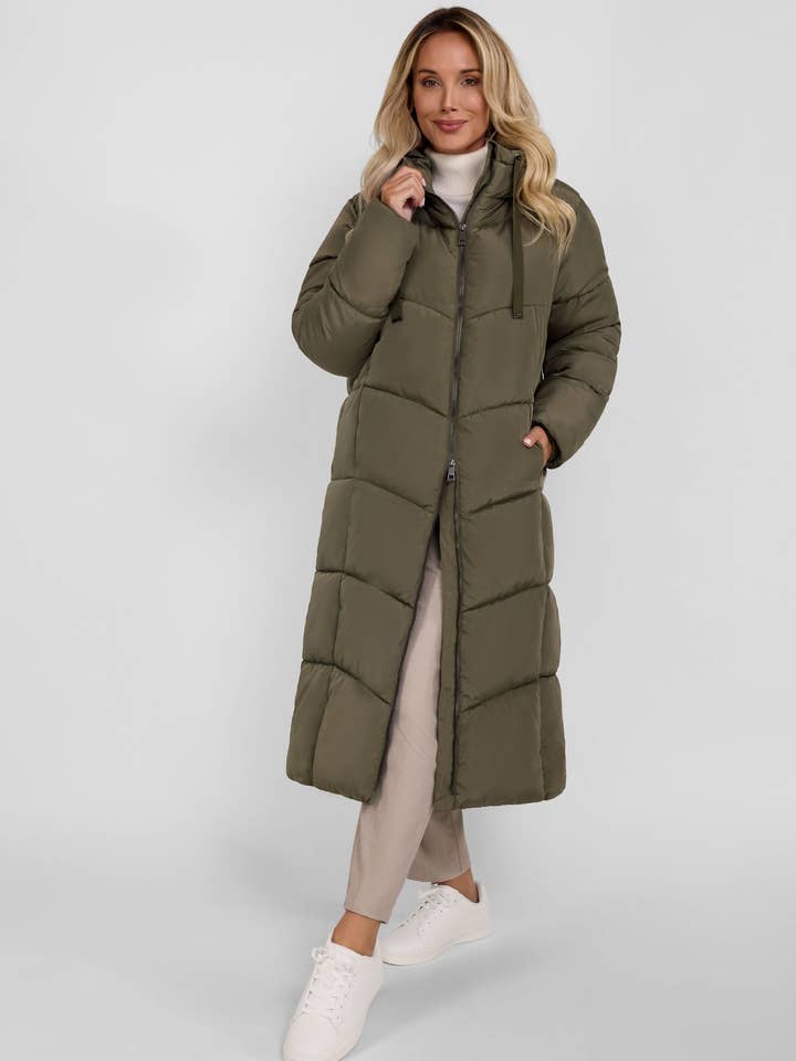 Women long quilted winter jacket with contrast zip khaki for wholesale by Minoti sp. z o.o.
