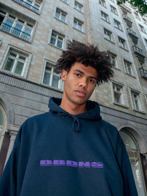 Hoodie in Navy with Purple Logo Embroidery for wholesale by Dream But Do Not Sleep