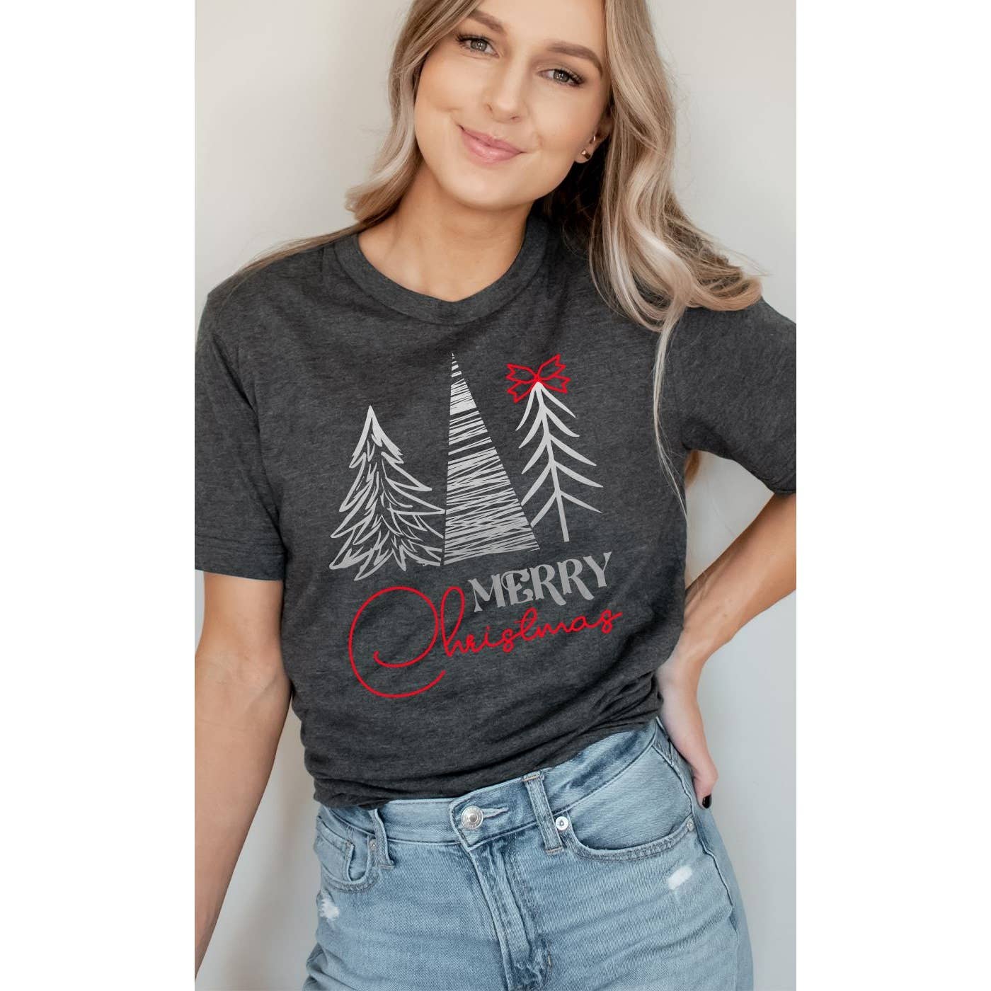Kissed Apparel - Wholesale Screen Printed T-Shirt - Women's - Merry Christmas, Silver Pine Trees, Red Bow, Holiday Tee3