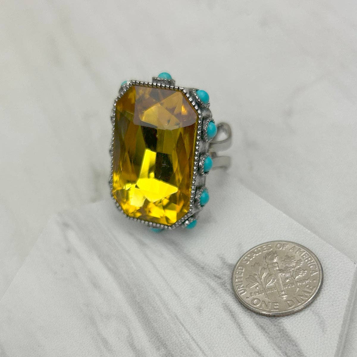 Western Elite Jewelry - Wholesale Cocktail/Statement Ring - RGY241130-02-CLEAR                        Silver metal with clear crystal and blue turquoise stone beads Ring1