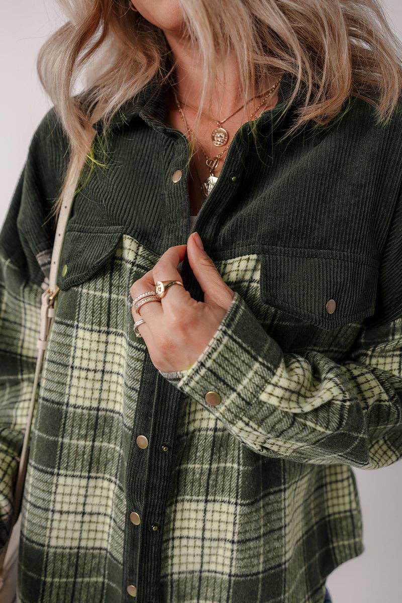 GREEN Plaid Corduroy Button-Up Shirt for wholesale on Faire3