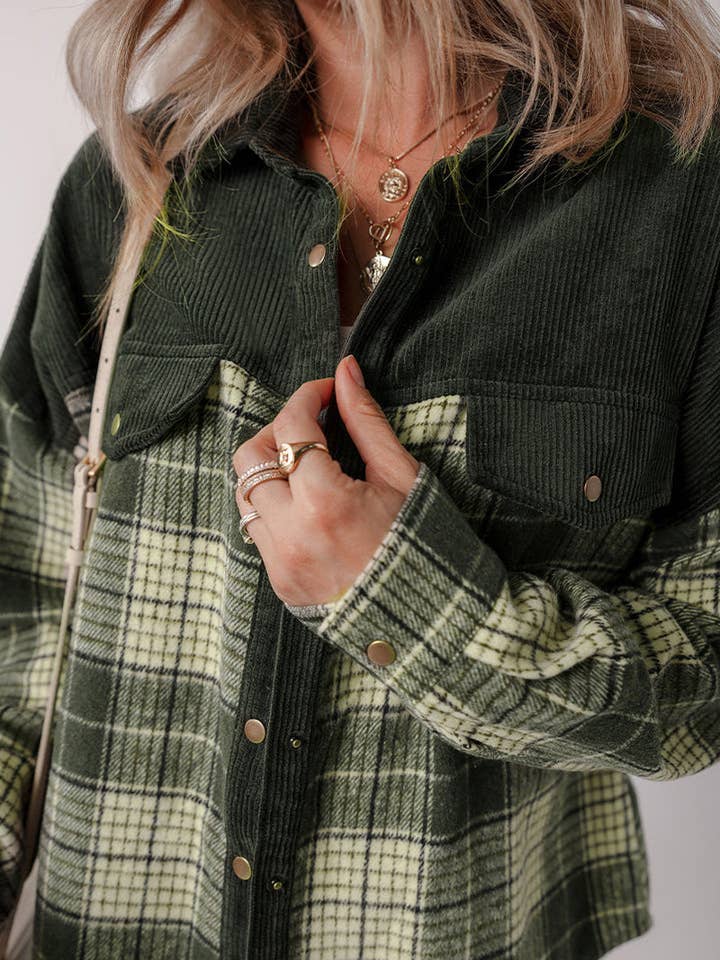 GREEN Plaid Corduroy Button-Up Shirt for wholesale on Faire3