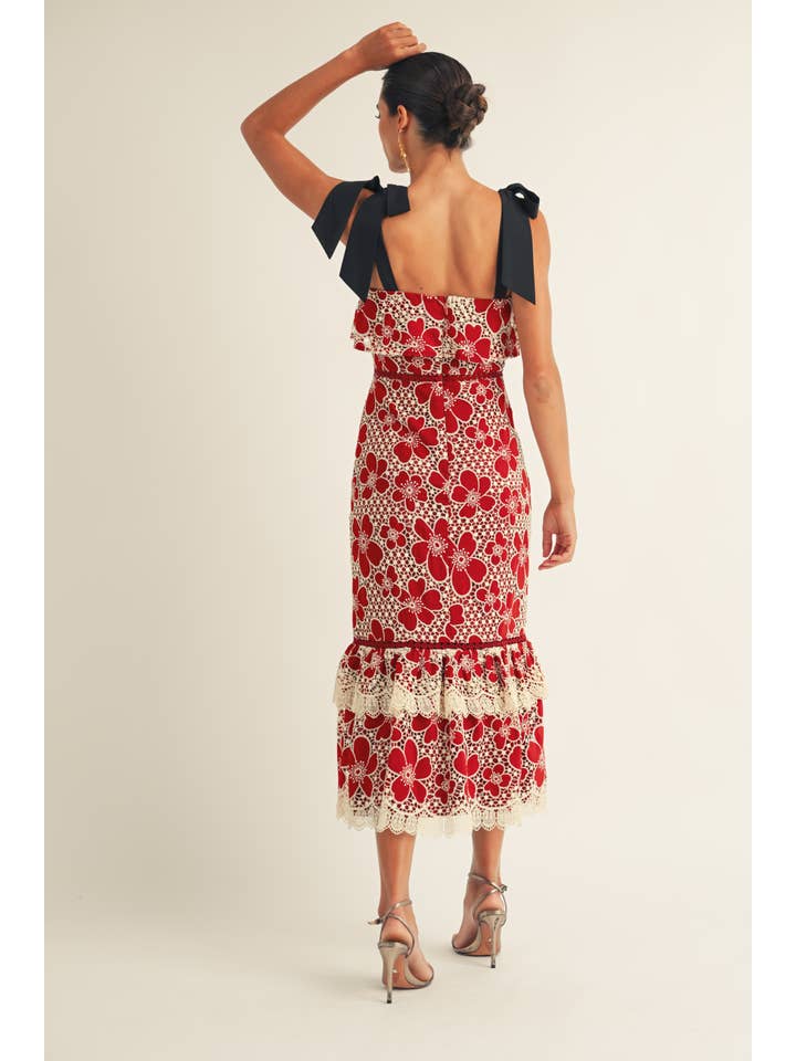 JUST ME - Wholesale Dress - Women's - Flower Embo Lace Ruffle Bottom Midi Dress2