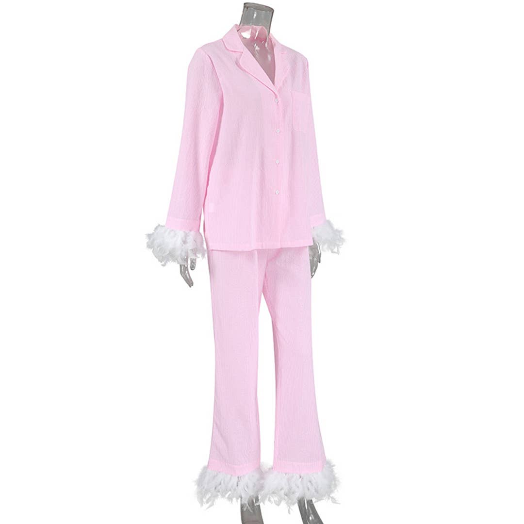 UNISHE - Vente Ensemble de vêtements d'intérieur – femme - Ensemble de pyjama à carreaux ample avec pantalon long à plumes ONK297
