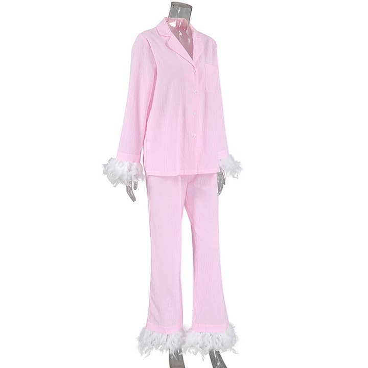 UNISHE - Vente Ensemble de vêtements d'intérieur – femme - Ensemble de pyjama à carreaux ample avec pantalon long à plumes ONK297