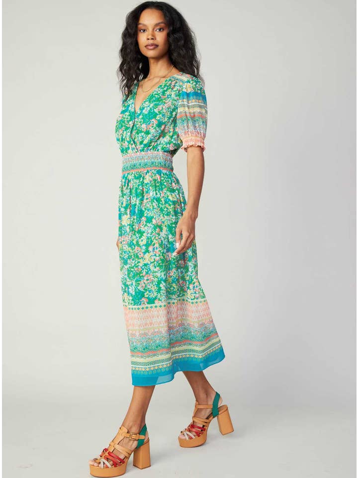 Green Multi Floral Border Print Surplice Midi Dress for wholesale on Faire2