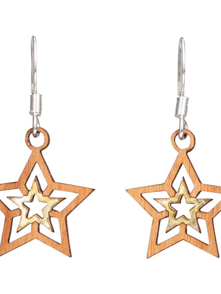 Double Star Twig Earring with Silver Foil Accent for wholesale by Woodcutts Inc.