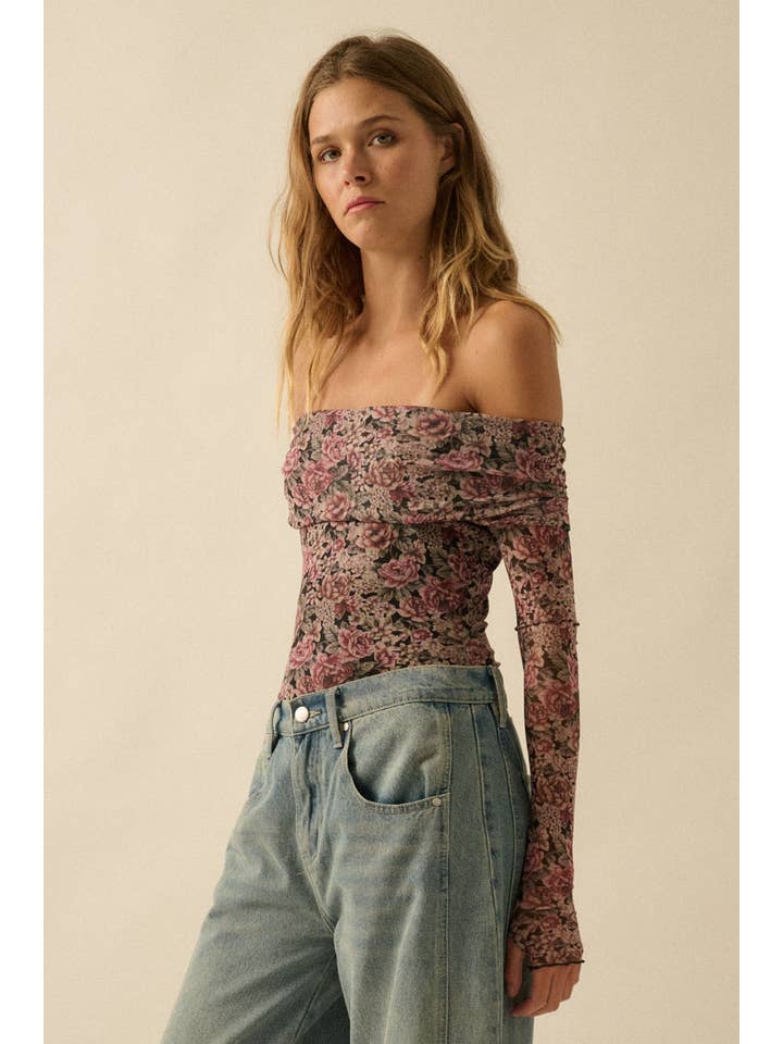 Promesa USA - Wholesale Bodysuit - Women's - Floral Mesh Long-Sleeve Off-Shoulder Bodysuit8