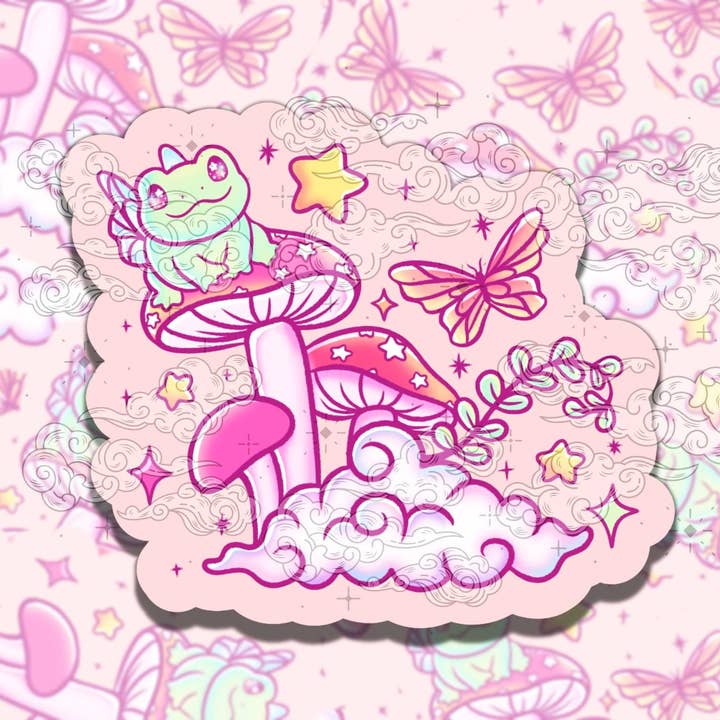 Whimsical Frogs Cute Cottagecore Vinyl Sticker for wholesale by Sticky Sadness Designs