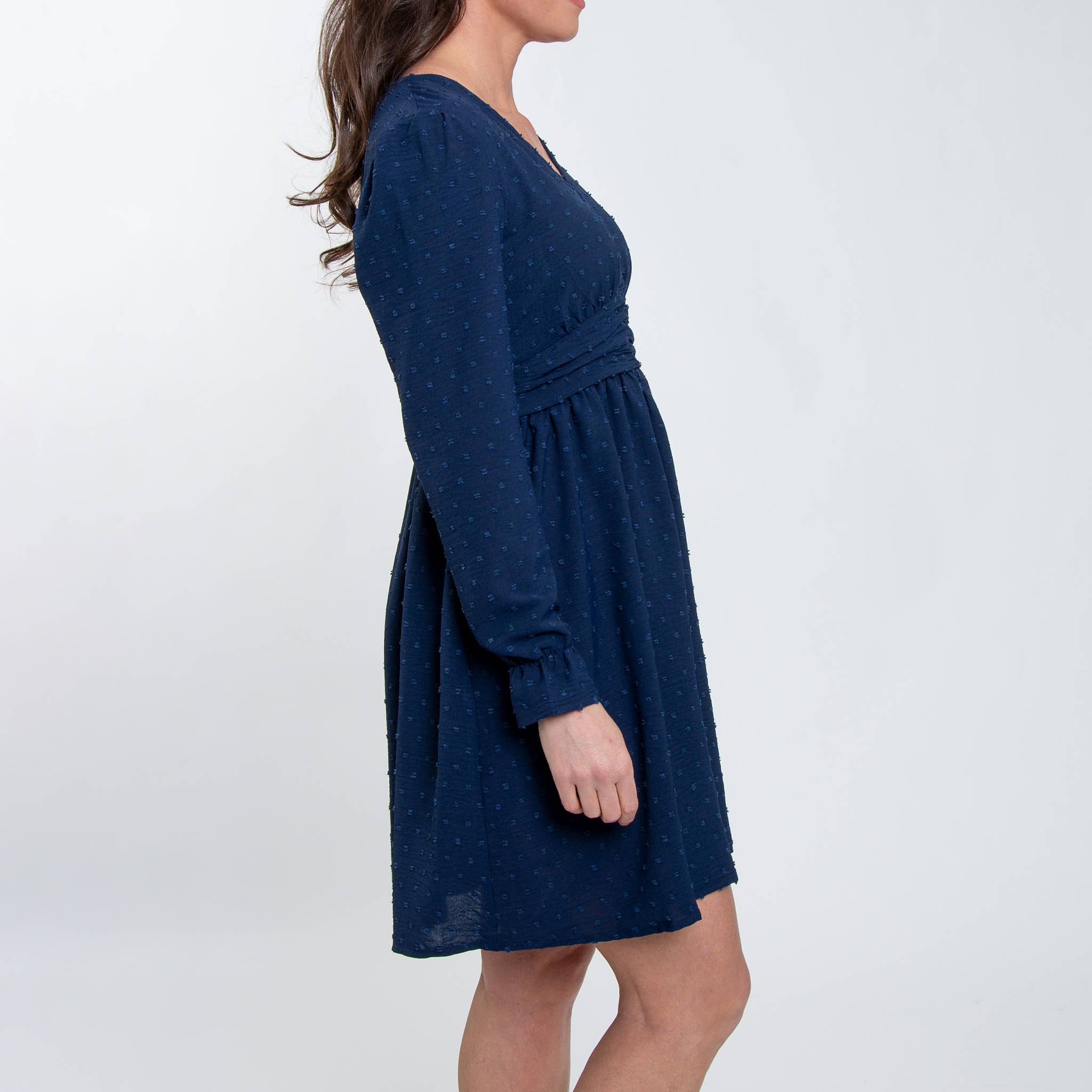 Elsie & Zoey - Wholesale Dress - Women's - Hayden Swiss Dot Long Sleeve Ruched V-Neck Dress4