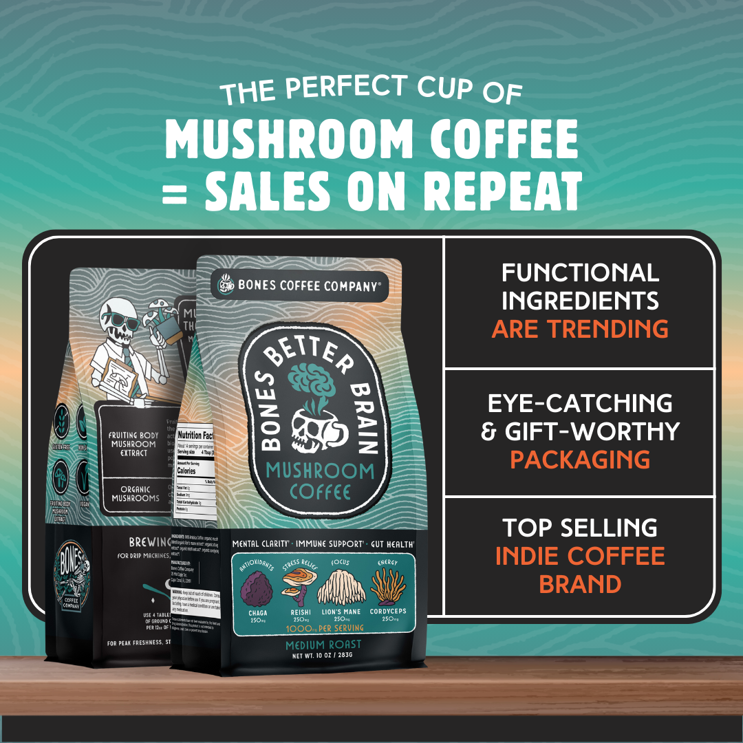 Bones Coffee Company - Wholesale Ground Coffee - Better Brain Mushroom Coffee | Medium Roast | 10oz1
